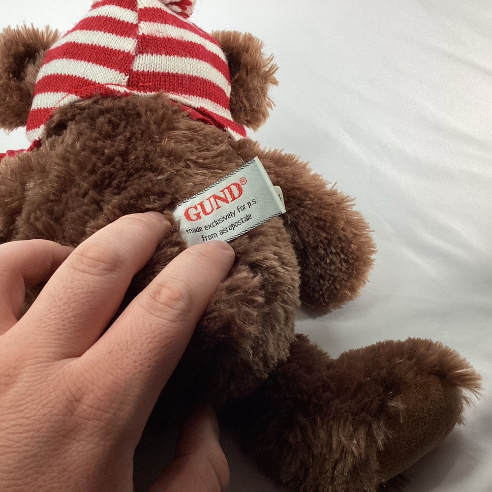 Gund Plush Brown Bear Stuffed Animal Red White Stripe Hat Winter Christmas 2014 - Picture 6 of 9